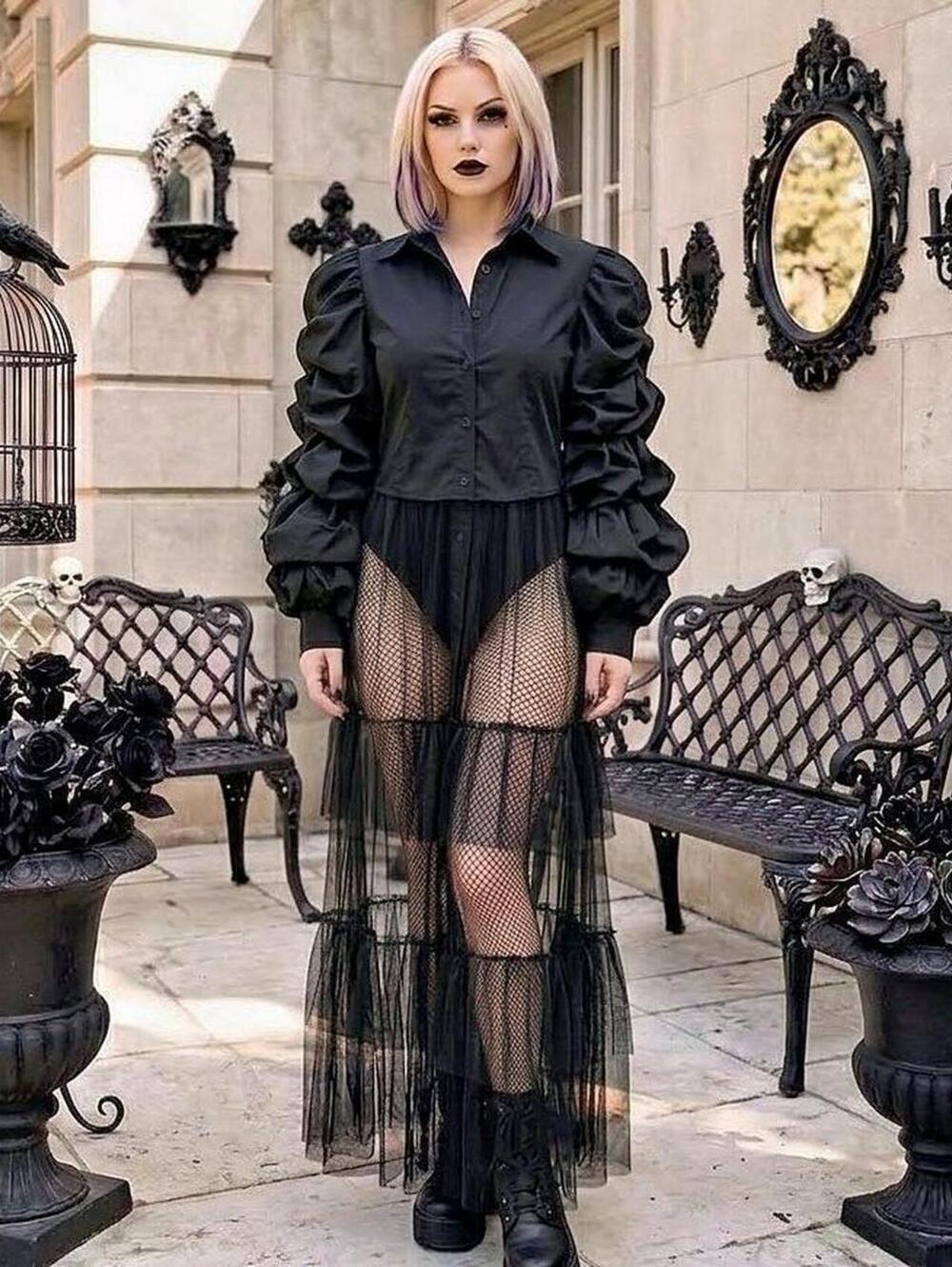 Gothic Ruffled Puff Sleeve Sheer Mesh Panel Bodysuit Dress Vampy Victorian Style